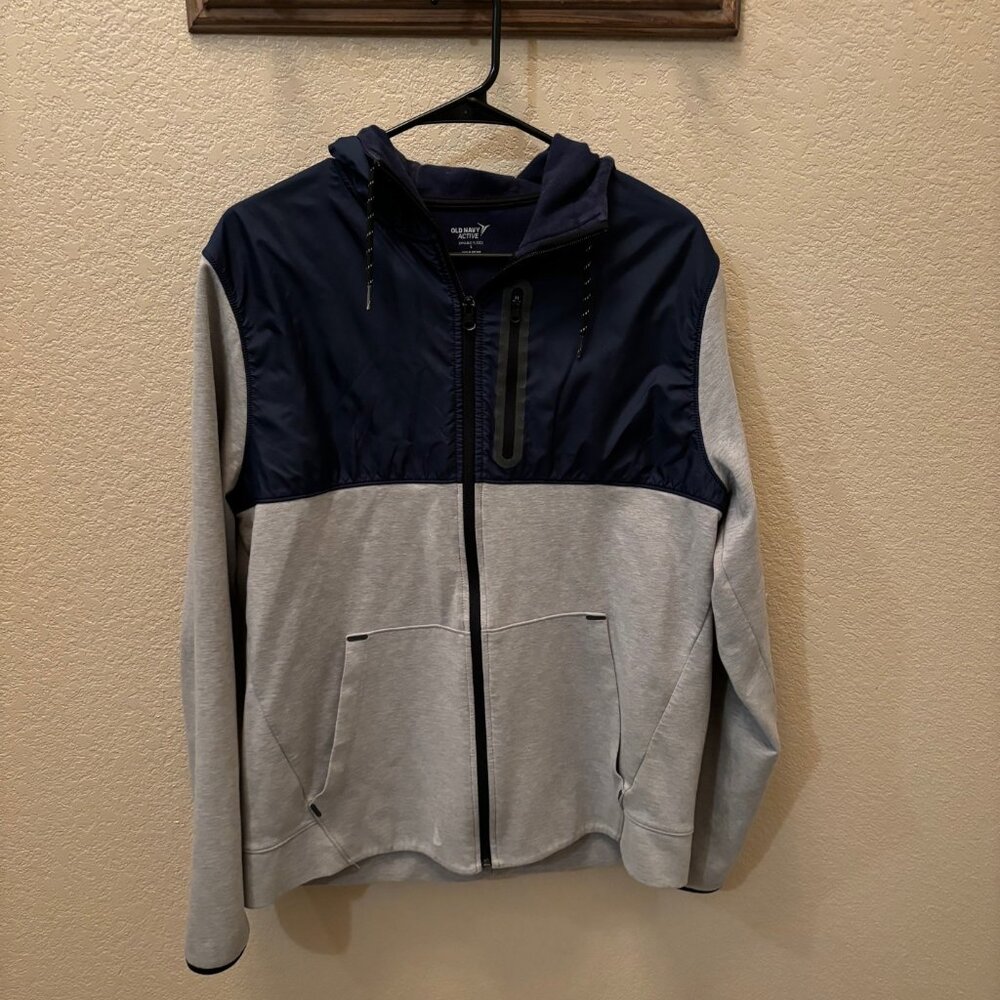 Old Navy Dynamic Fleece Full Zip Jacket with Hood - Grey and blue - Mens Large